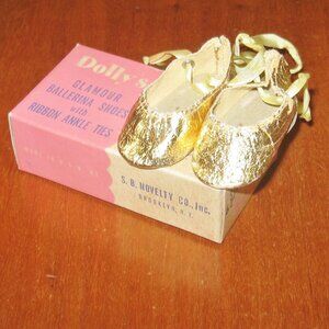 Vintage Dolly's Gold Slippers w Original Box Finest Doll Shoes Accessory